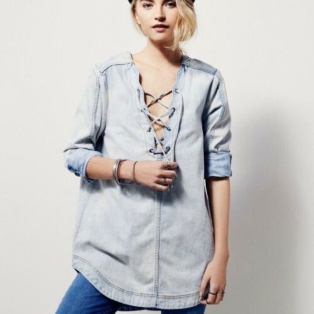 Free People Indigo Lace Up Denim Tunic in Blue Sky